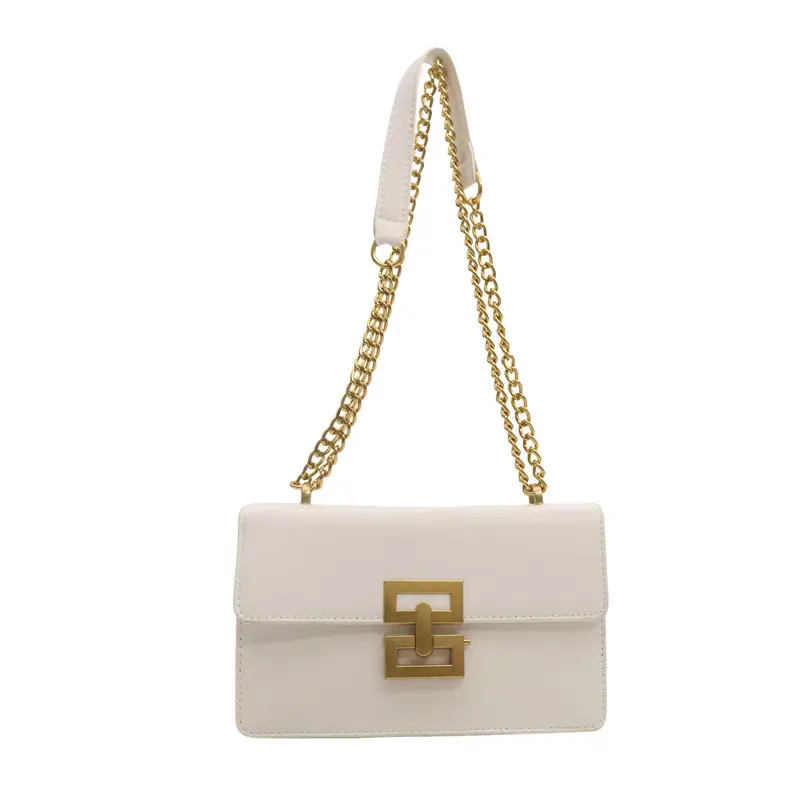 White Leather Chain Shoulder Bag with Lock Clasp - Image 9