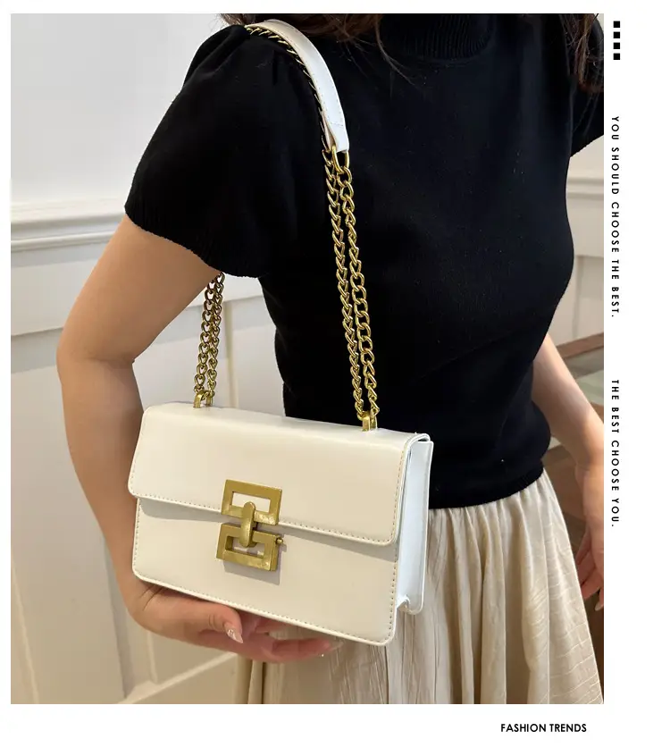 White Leather Chain Shoulder Bag with Lock Clasp — feature 1