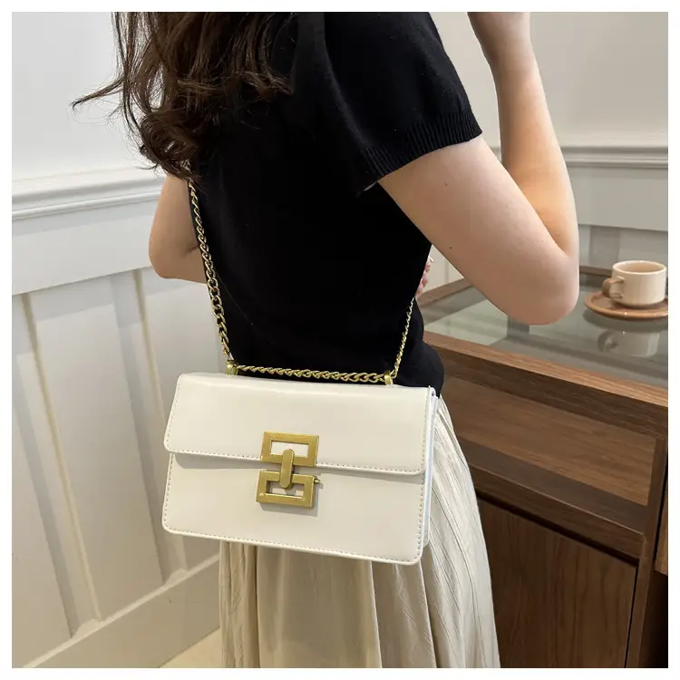 White Leather Chain Shoulder Bag with Lock Clasp — feature 16