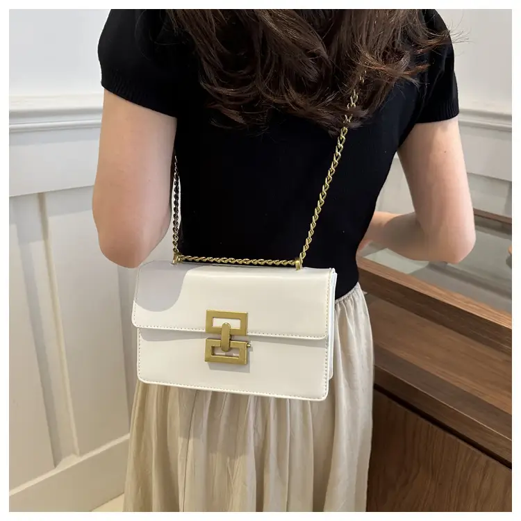 White Leather Chain Shoulder Bag with Lock Clasp — feature 17
