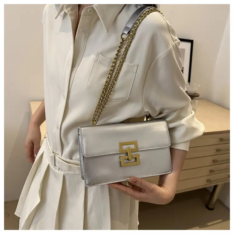 White Leather Chain Shoulder Bag with Lock Clasp — feature 21