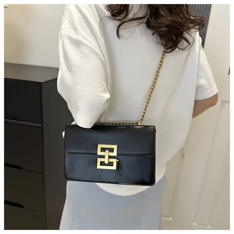 White Leather Chain Shoulder Bag with Lock Clasp — feature 23