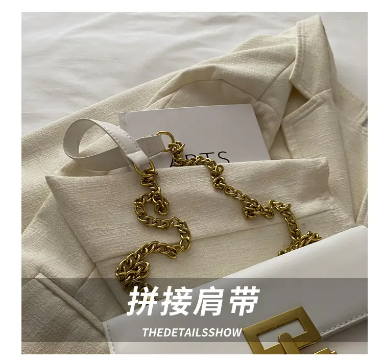 White Leather Chain Shoulder Bag with Lock Clasp — feature 4