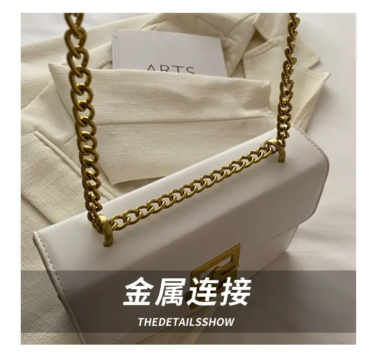 White Leather Chain Shoulder Bag with Lock Clasp — feature 5