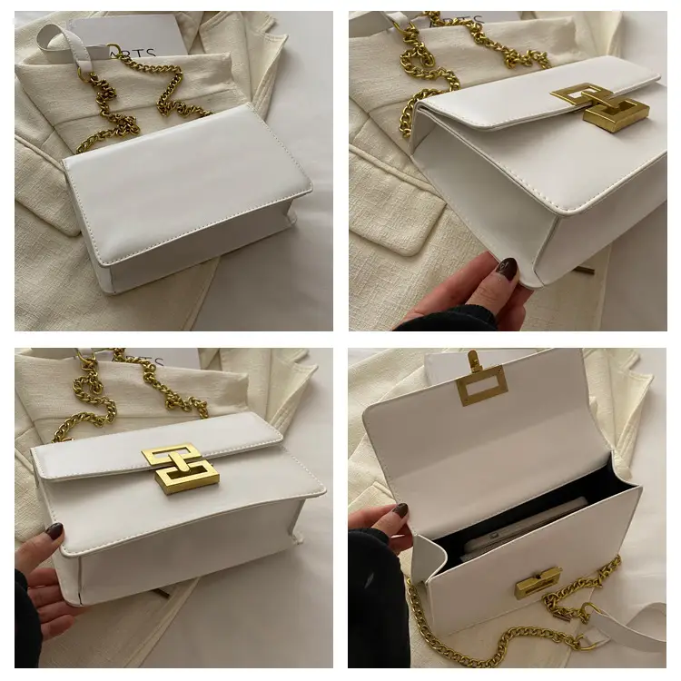 White Leather Chain Shoulder Bag with Lock Clasp — feature 7