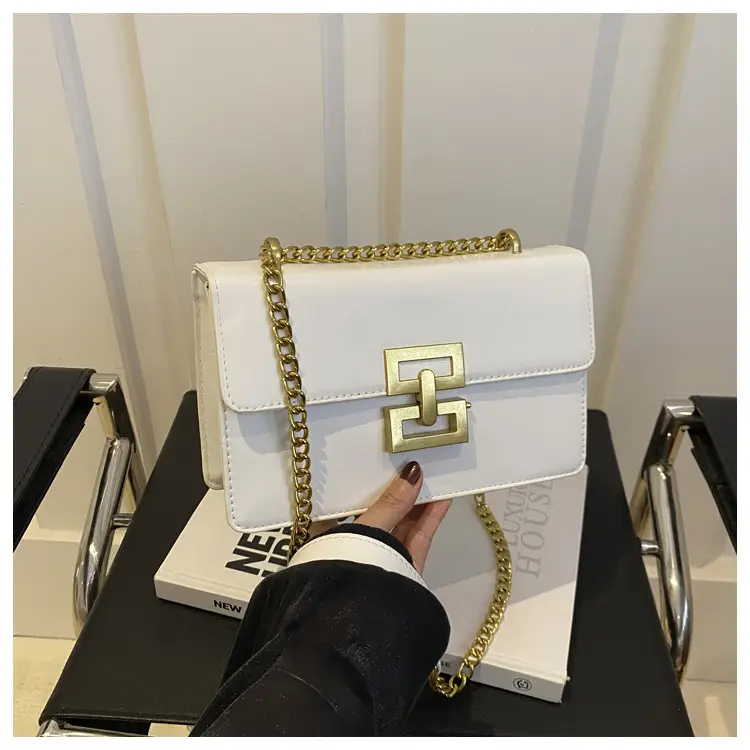 White Leather Chain Shoulder Bag with Lock Clasp — feature 8