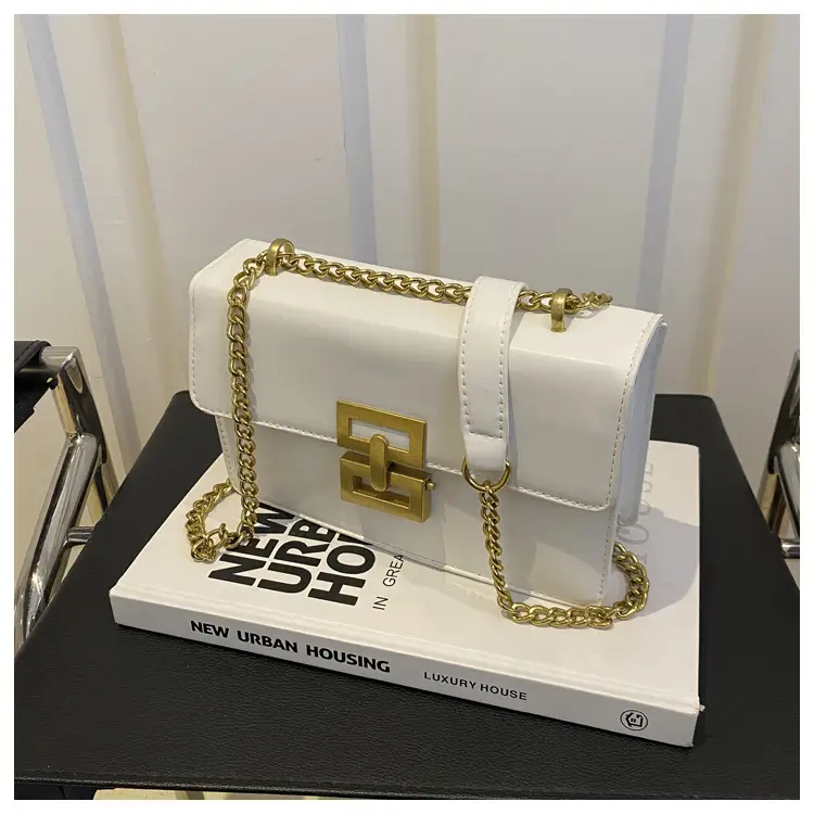 White Leather Chain Shoulder Bag with Lock Clasp — feature 9