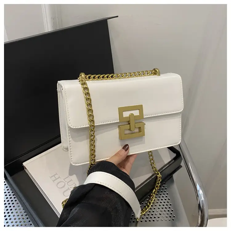 White Leather Chain Shoulder Bag with Lock Clasp - Image 2