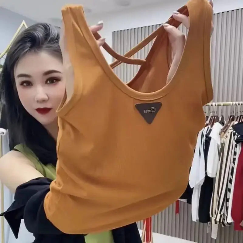 plus size Vest Metal Triangle Label Inner Camisole Vest Slim-fit Outer Wear Sleeveless Pit Strip Top Base Vest All-match — feature 7