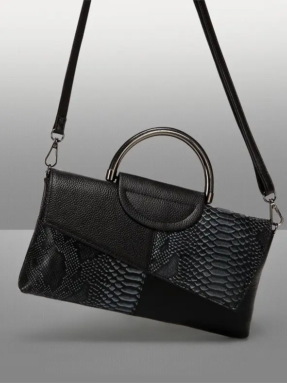 Black Croc Leather Clutch Bag for Women Large Capacity