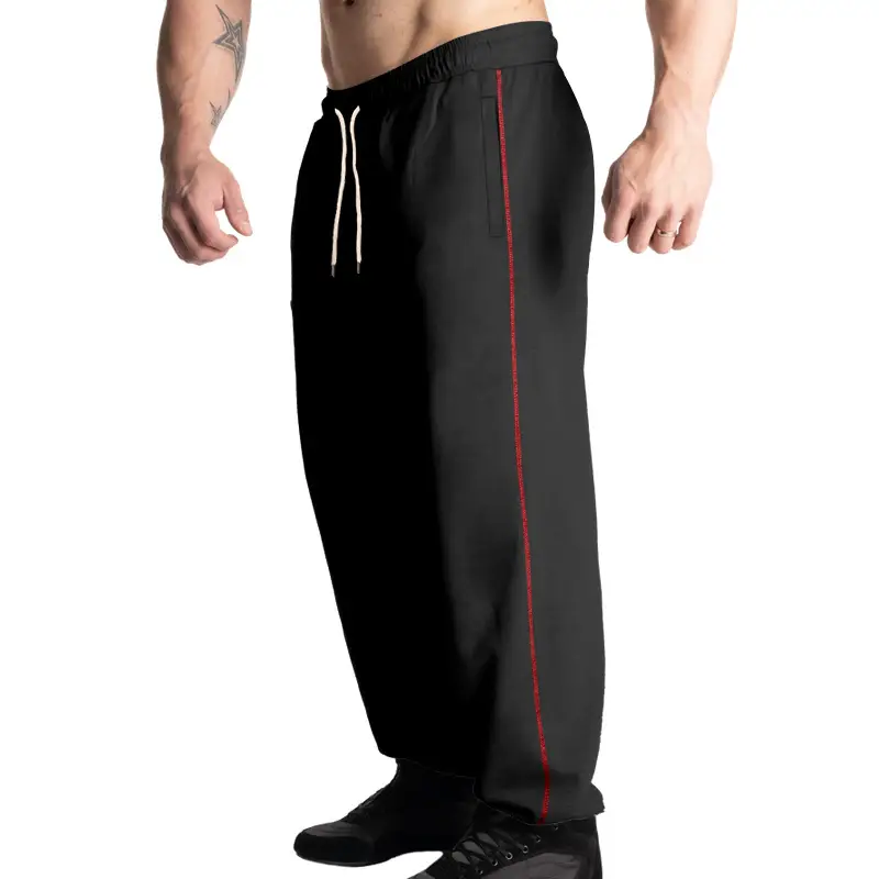 Men Black Heavy Terry Long Pants Spring Fall Loose Wide Leg — feature 13
