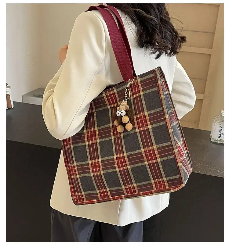 Women Plaid Canvas Tote Bag Large Capacity 2024 — feature 1