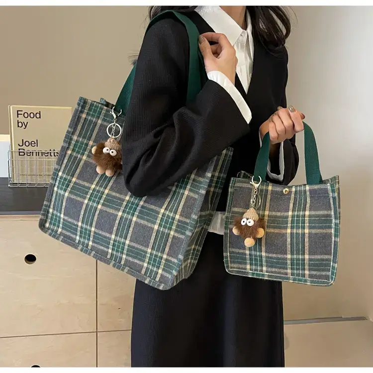 Women Plaid Canvas Tote Bag Large Capacity 2024 — feature 12
