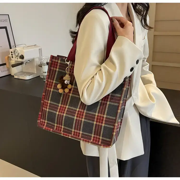Women Plaid Canvas Tote Bag Large Capacity 2024 — feature 26