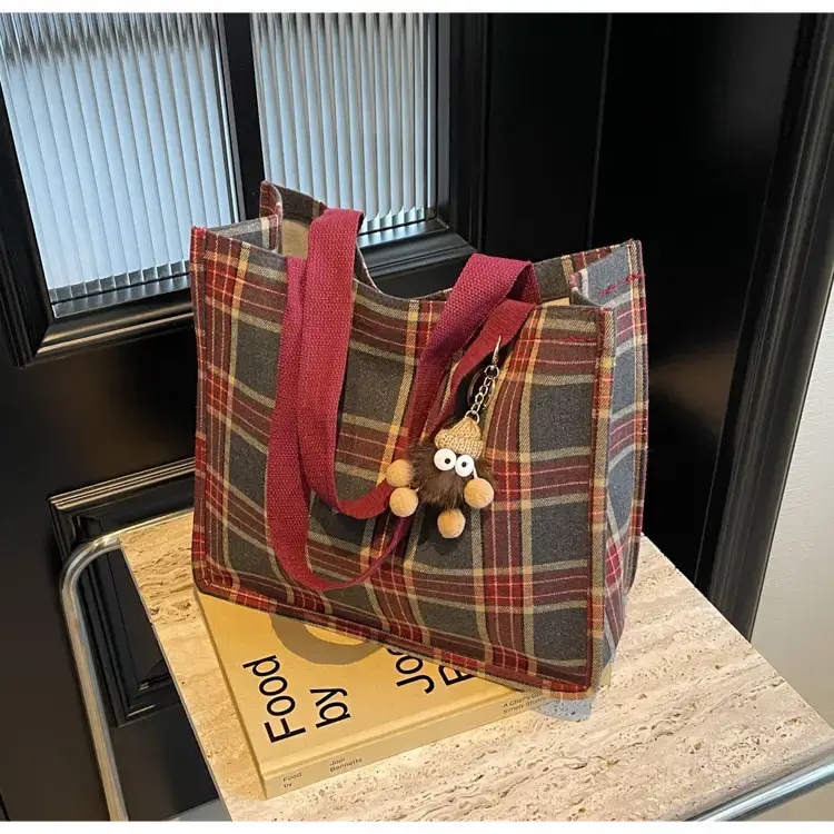 Women Plaid Canvas Tote Bag Large Capacity 2024 — feature 32