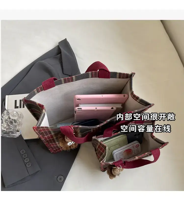 Women Plaid Canvas Tote Bag Large Capacity 2024 — feature 6