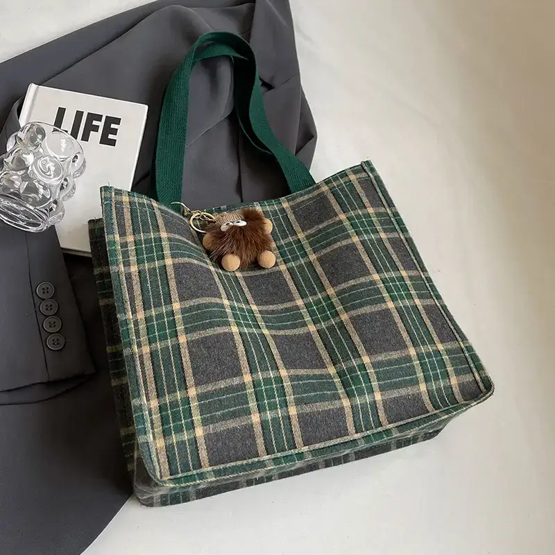 Women Plaid Canvas Tote Bag Large Capacity 2024 - Image 2