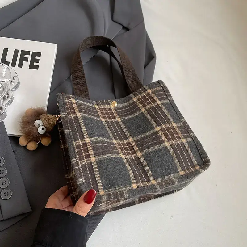 Women Plaid Canvas Tote Bag Large Capacity 2024 - Image 3