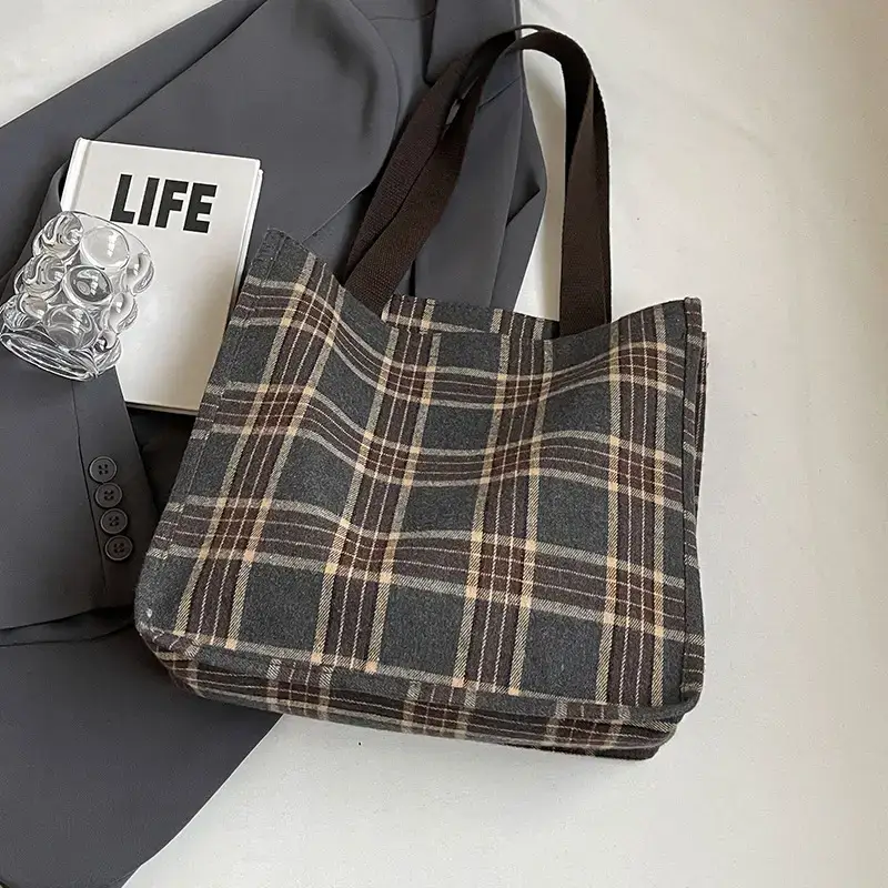 Women Plaid Canvas Tote Bag Large Capacity 2024 - Image 6