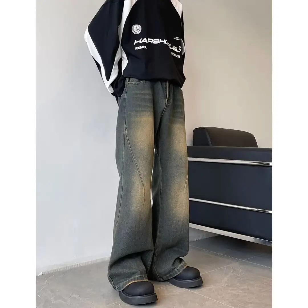 Men Retro Jeans Loose Fit Wide Leg Pants Casual Sparkle - Image 5