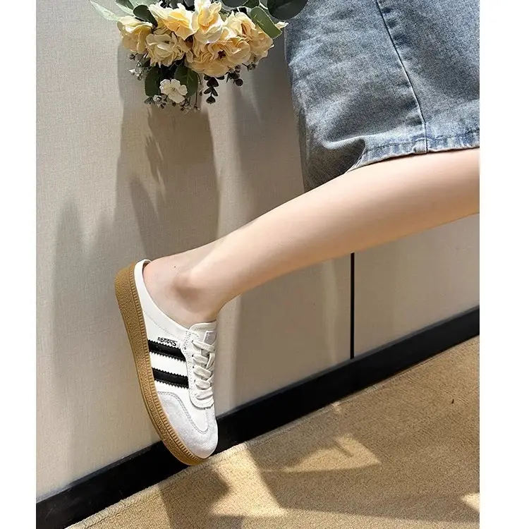 Foreign Trade Moral Training Shoes for Women, Summer Genuine Leather Thick Soles, Heightening Casual Forrest Gump White Shoes, Baotou Half-Slip Canvas Shoes