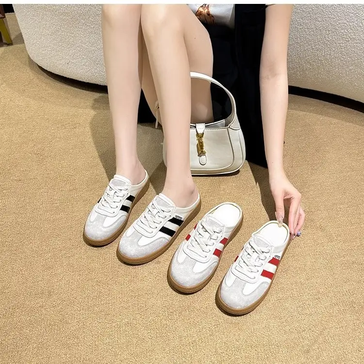 Foreign Trade Moral Training Shoes for Women, Summer Genuine Leather Thick Soles, Heightening Casual Forrest Gump White Shoes, Baotou Half-Slip Canvas Shoes