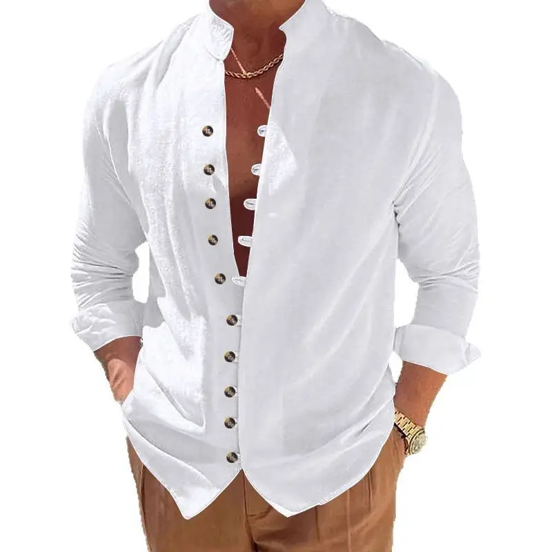 Men's Brown Button-Up Linen Shirt Loose Fit - Image 10