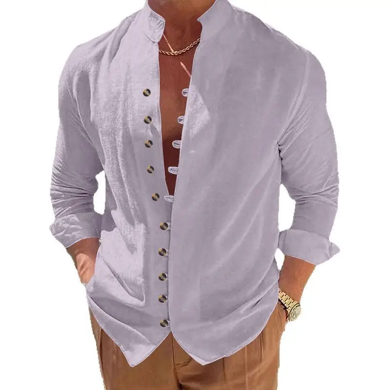 Men's Brown Button-Up Linen Shirt Loose Fit - Image 11