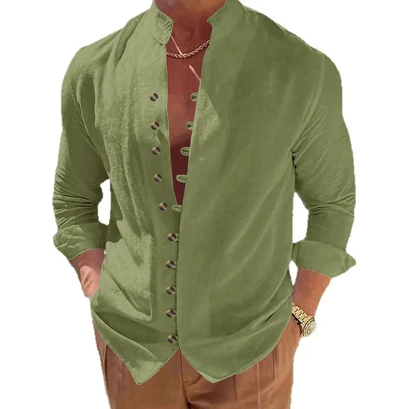 Men's Brown Button-Up Linen Shirt Loose Fit - Image 13
