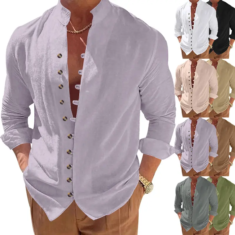 Men's Brown Button-Up Linen Shirt Loose Fit — feature 1