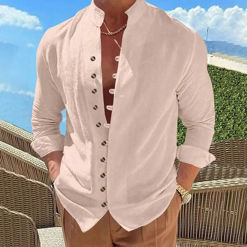 Men's Brown Button-Up Linen Shirt Loose Fit — feature 10