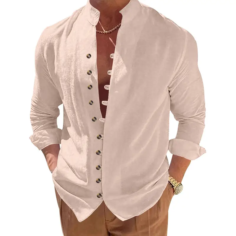 Men's Brown Button-Up Linen Shirt Loose Fit — feature 11