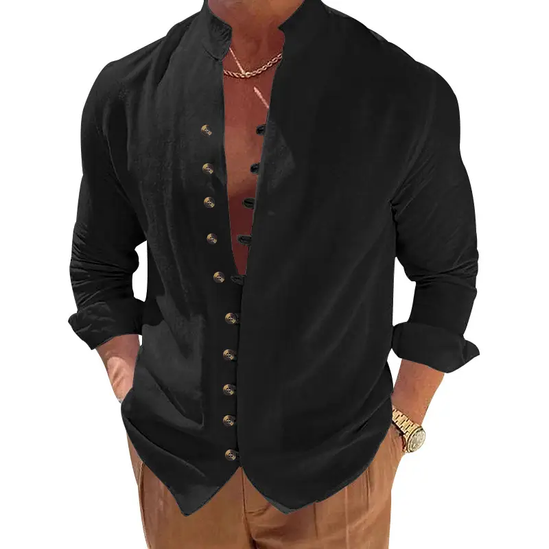 Men's Brown Button-Up Linen Shirt Loose Fit — feature 18