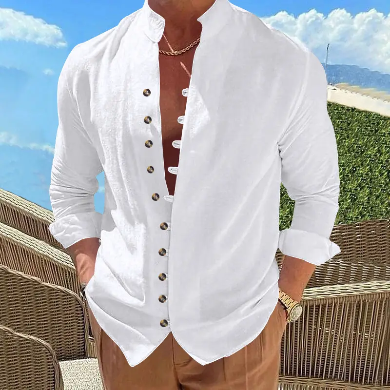 Men's Brown Button-Up Linen Shirt Loose Fit — feature 3