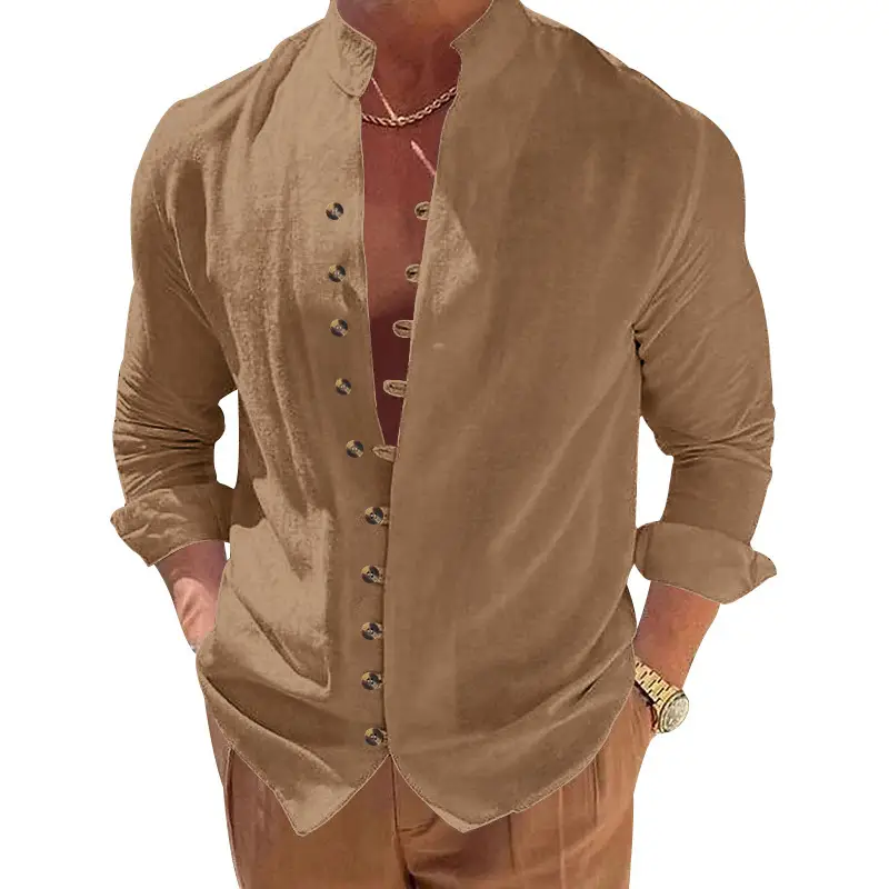 Men's Brown Button-Up Linen Shirt Loose Fit — feature 32