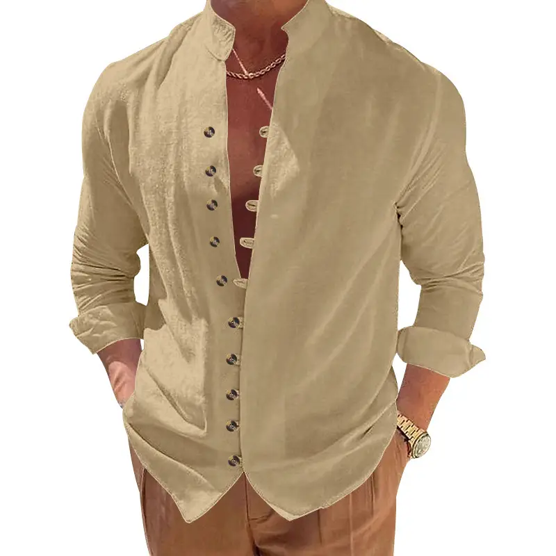 Men's Brown Button-Up Linen Shirt Loose Fit — feature 39