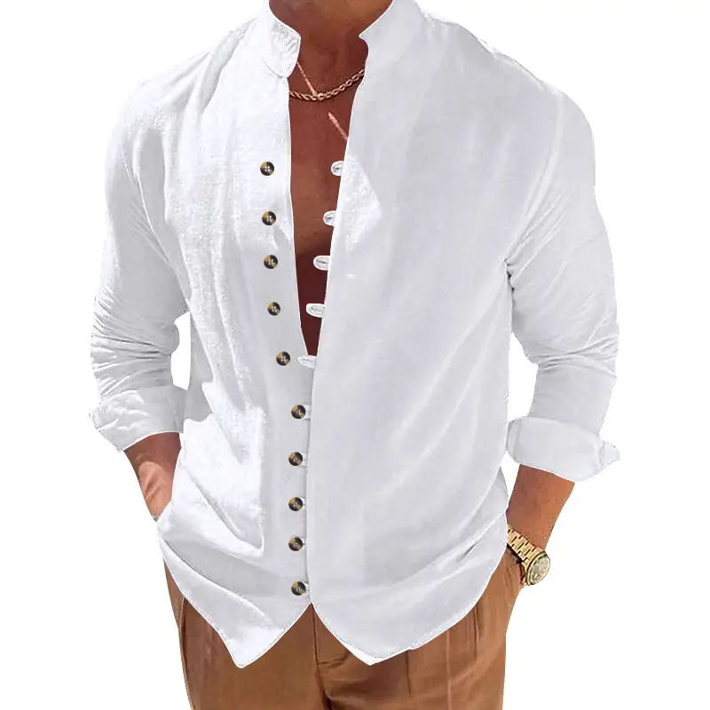 Men's Brown Button-Up Linen Shirt Loose Fit — feature 4