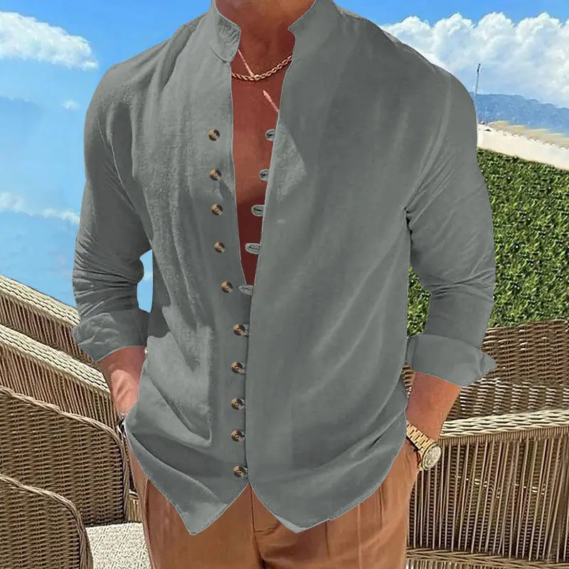 Men's Brown Button-Up Linen Shirt Loose Fit — feature 45