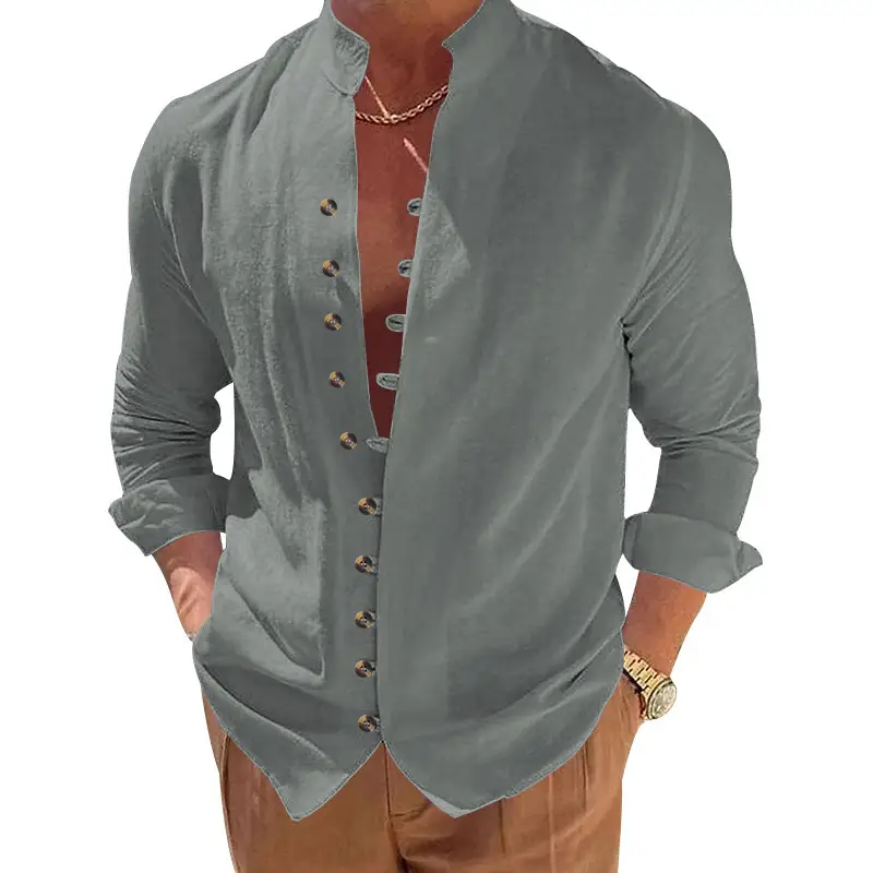 Men's Brown Button-Up Linen Shirt Loose Fit — feature 46