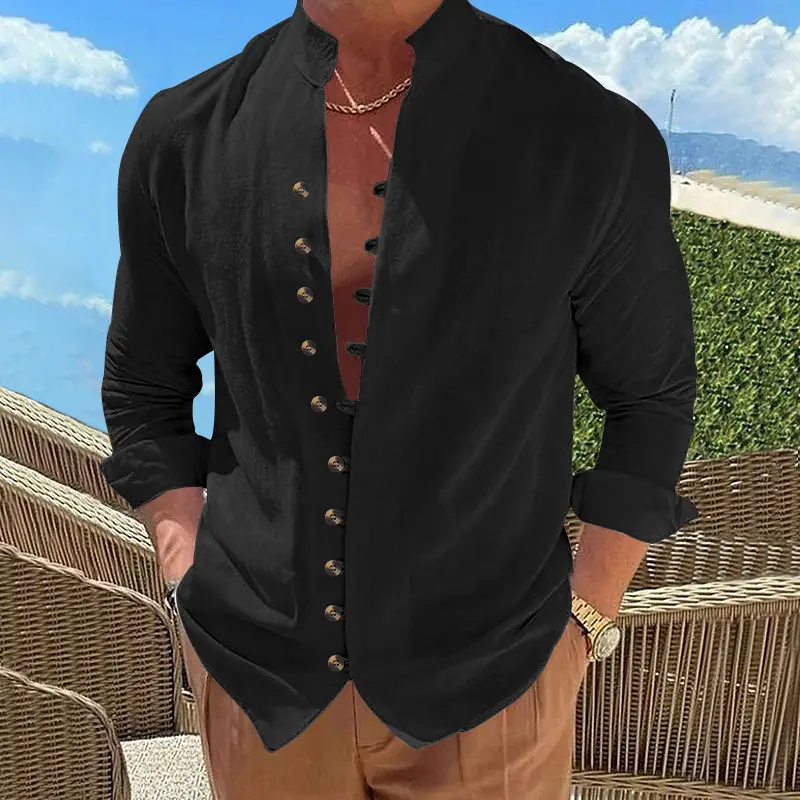 Men's Brown Button-Up Linen Shirt Loose Fit - Image 3