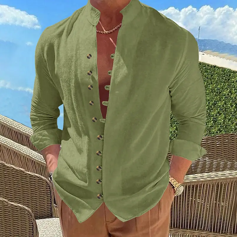 Men's Brown Button-Up Linen Shirt Loose Fit - Image 4