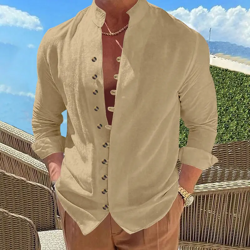 Men's Brown Button-Up Linen Shirt Loose Fit - Image 6