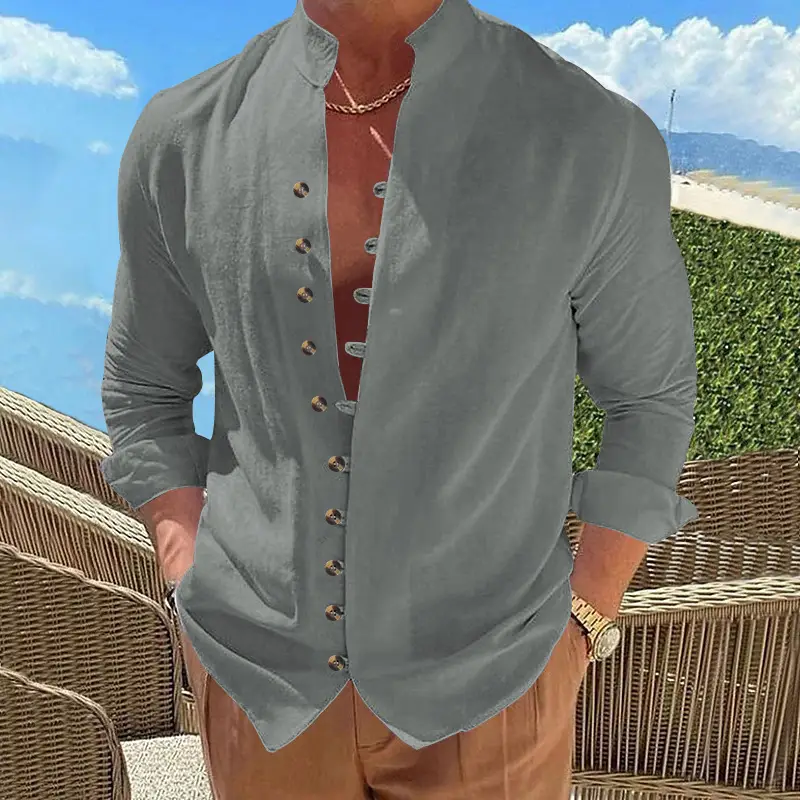 Men's Brown Button-Up Linen Shirt Loose Fit - Image 7