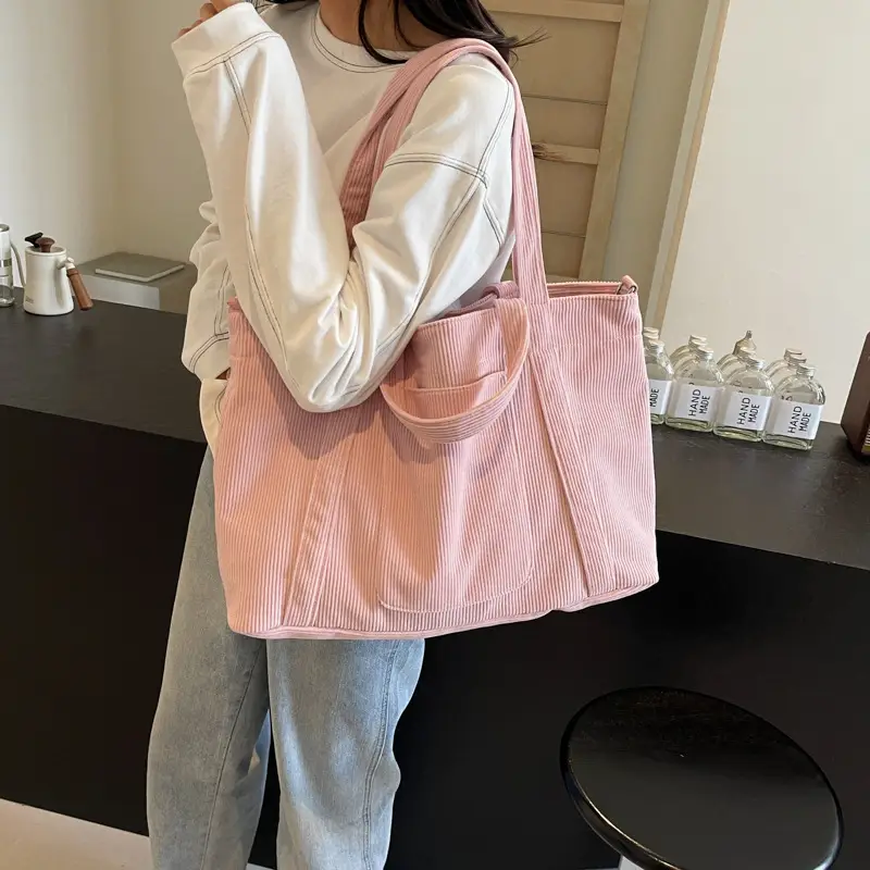 Women's Pink Corduroy Tote Bag Large Capacity Shoulder Crossbody - Image 8