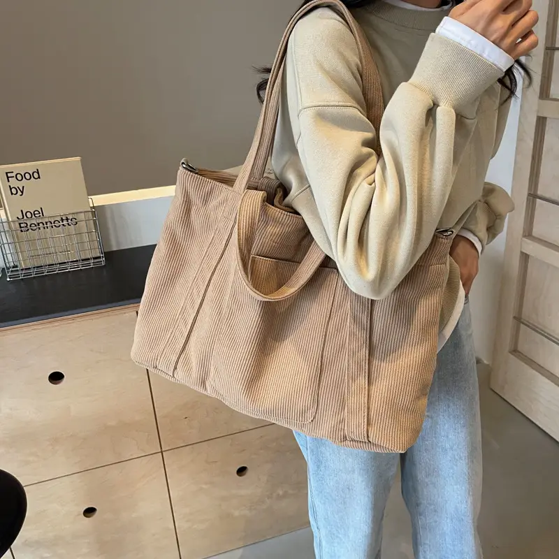 Women's Pink Corduroy Tote Bag Large Capacity Shoulder Crossbody - Image 9