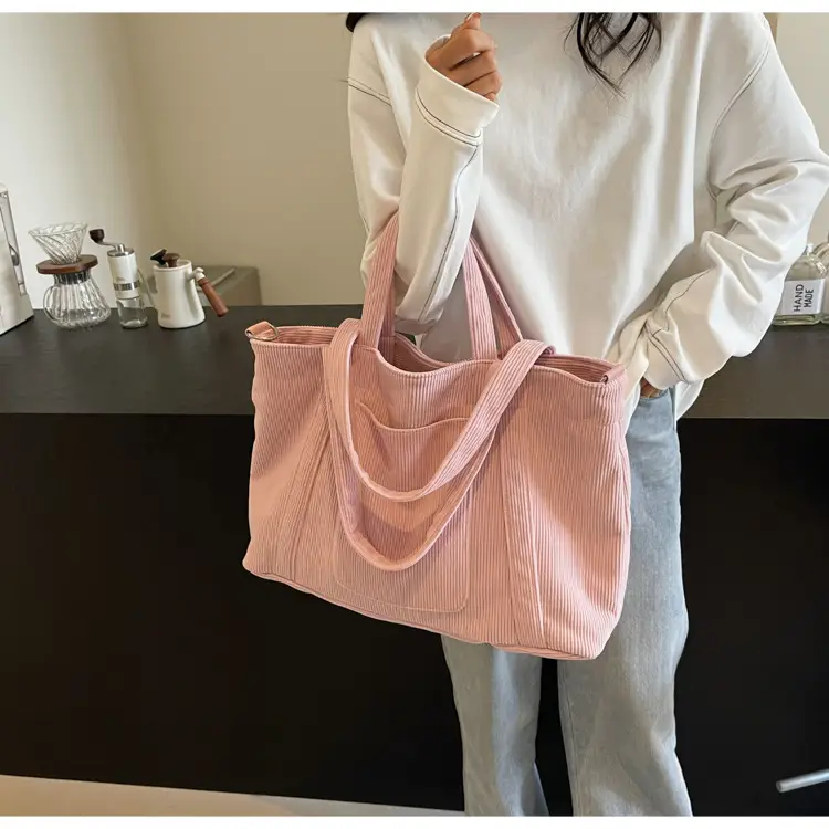 Women's Pink Corduroy Tote Bag Large Capacity Shoulder Crossbody — feature 42