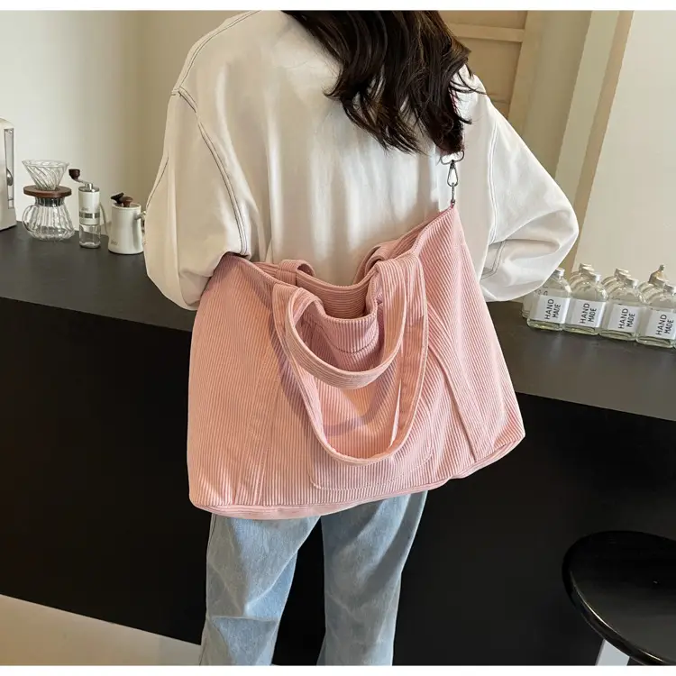 Women's Pink Corduroy Tote Bag Large Capacity Shoulder Crossbody — feature 43