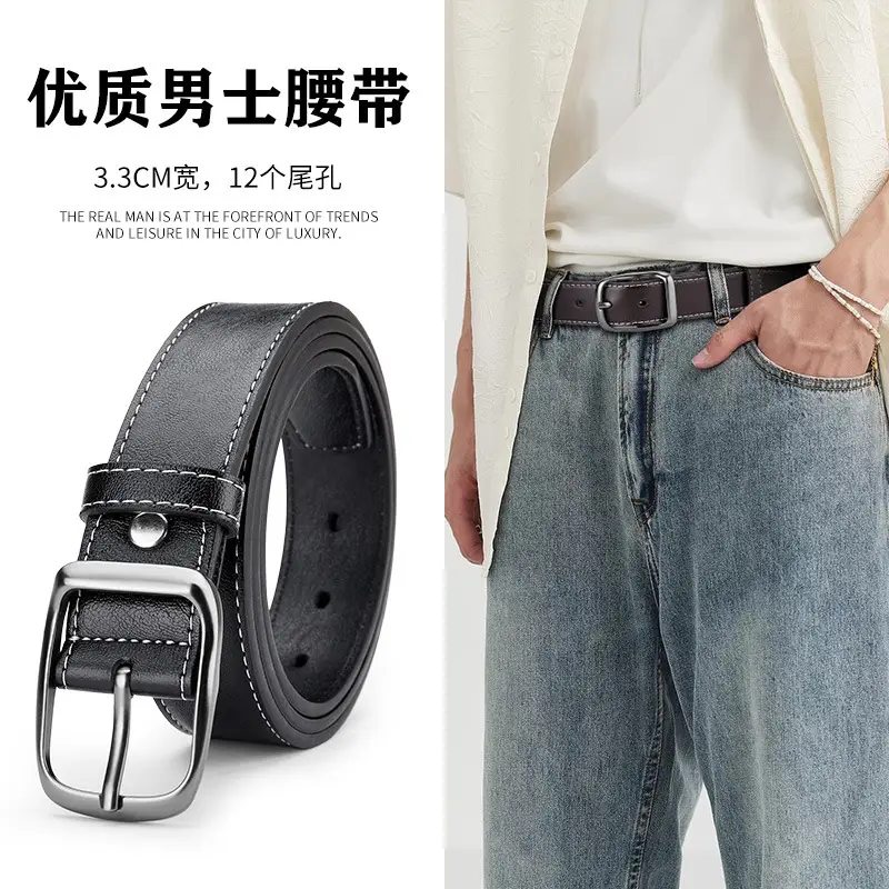 Men's Black Leather Belt with Silver Buckle - Image 2