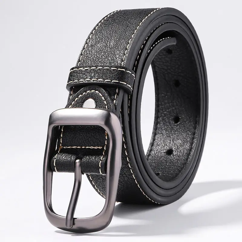 Men's Black Leather Belt with Silver Buckle - Image 4