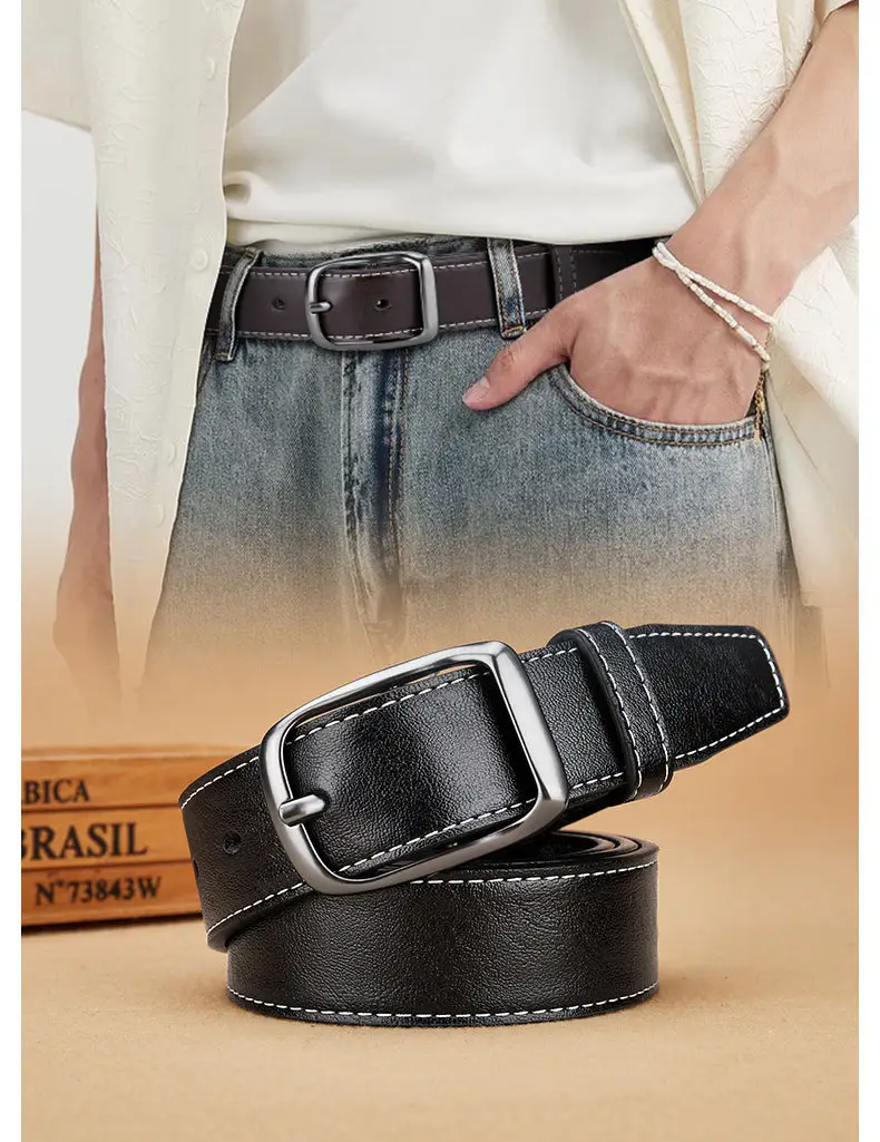 Men's Black Leather Belt with Silver Buckle — feature 4